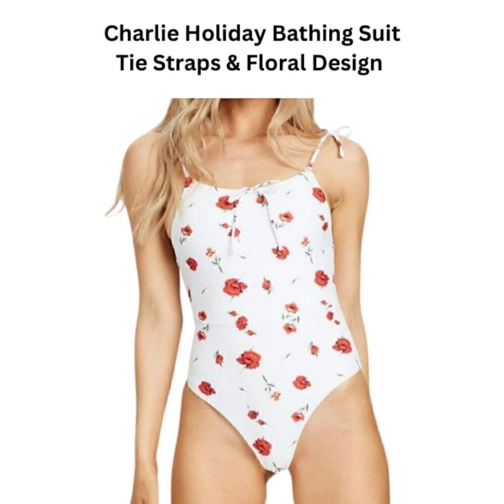 Charlie Holiday One Piece Bathing Suit Tie Straps & Floral Print Design W OS NWT